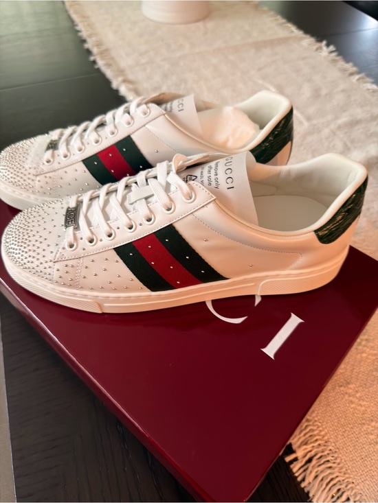 Gucci Other - NEW AUTHENTIC Gucci ACE Leather Sneakers with Red & Green Web and Crystal Accent